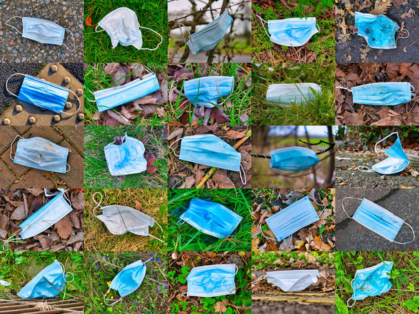 Uma coleção autêntica de 25 máscaras descartáveis descartadas como lixo em ambientes urbanos e rurais, causando riscos para a saúde e poluição ambiental e danos. - Foto, Imagem