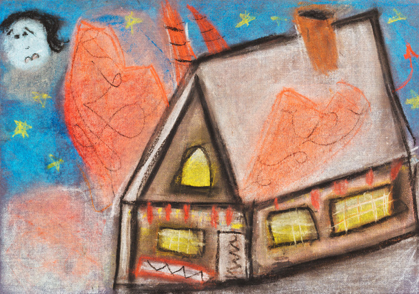 children drawing - country house in night - Photo, Image