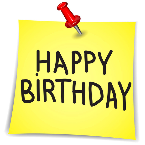 Happy birthday word on a Note Paper with pin on white background - Vector, Image