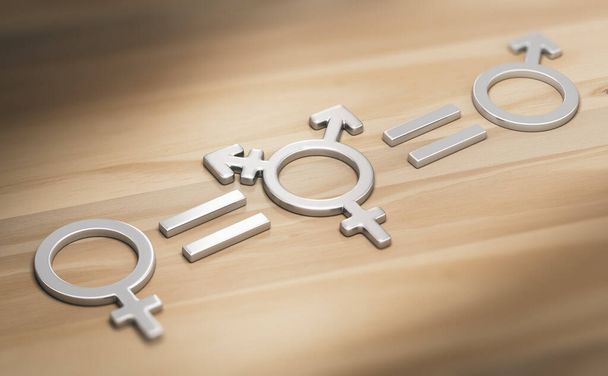 Ilustração 3D de gênero e símbolos iguais. Conceito de direitos transgênero, igualdade e reconhecimento. - Foto, Imagem