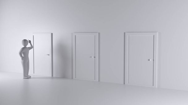 Egy gondolkodó ember és három zárt ajtó. Három lehetőség és három lehetőség, hogy sikeresek legyünk vagy ne legyünk. 3D renderelés. - Fotó, kép