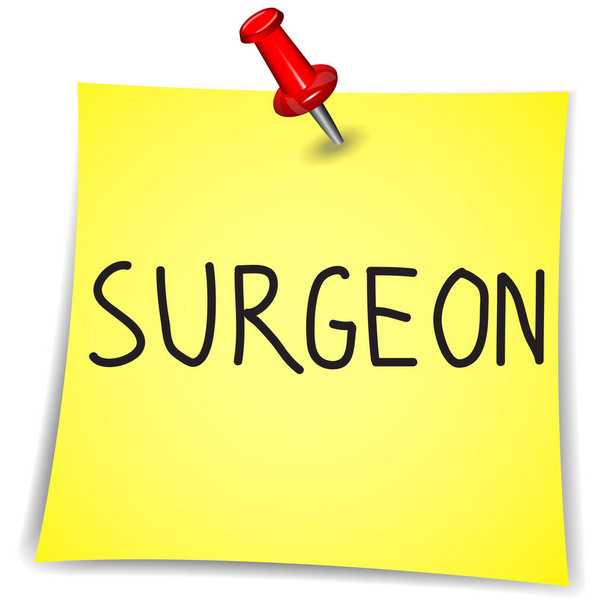 Cirujano en un papel de nota con pin sobre fondo blanco - Vector, imagen