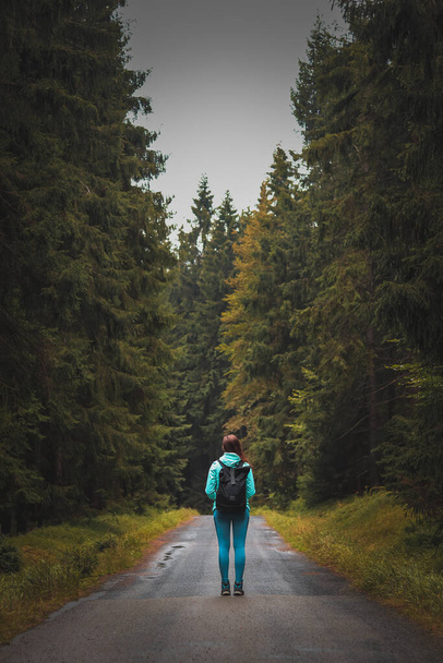 Дівчина в спортлаві і туристка з рюкзаком стоять нерухомо на лісовій стежці між двома різними лісами гір Джизера. Жінка в поході. Прогулянка чеською пустелею.. - Фото, зображення