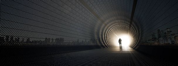 Concepto o túnel oscuro conceptual con una luz brillante al final o salida como metáfora del éxito, la fe, el futuro o la esperanza, una silueta negra del hombre caminante a una nueva oportunidad o libertad 3d ilustración - Foto, imagen