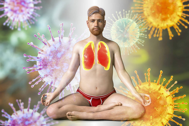 Un homme en position Lotus Yoga avec des poumons surlignés, entouré de virus qui ne peuvent pas lui nuire, illustration 3D. Exercices respiratoires et méditation pour la récupération et la prévention de la COVID-19 - Photo, image
