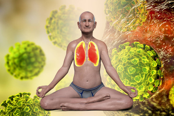 Старший человек в позиции йоги Лотоса с выделенными легкими, окруженный вирусами, которые не могут причинить ему вреда, 3D иллюстрация. Дыхательные упражнения и медитация для восстановления и профилактики COVID-19 - Фото, изображение