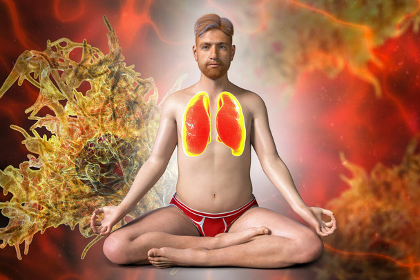 A man in Lotus yoga position with highlighted lungs, surrounded by microbes that cannot harm him, 3D illustration. Respiratory exercises and meditation for recovery and prevention of COVID-19 - Photo, Image