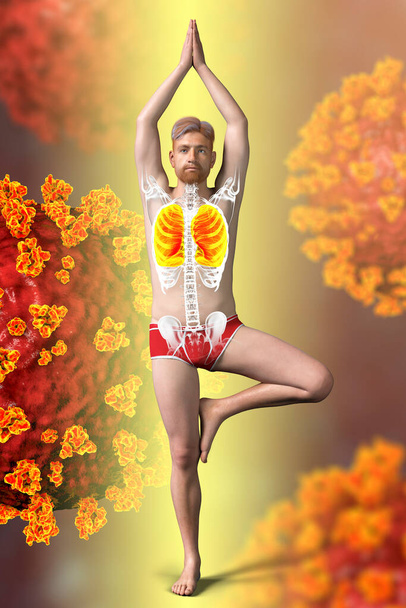 Un homme en position Yoga Tree avec des poumons surlignés, entouré de virus qui ne peuvent pas lui nuire, illustration 3D. Exercices respiratoires et méditation pour la récupération et la prévention de la COVID-19 - Photo, image