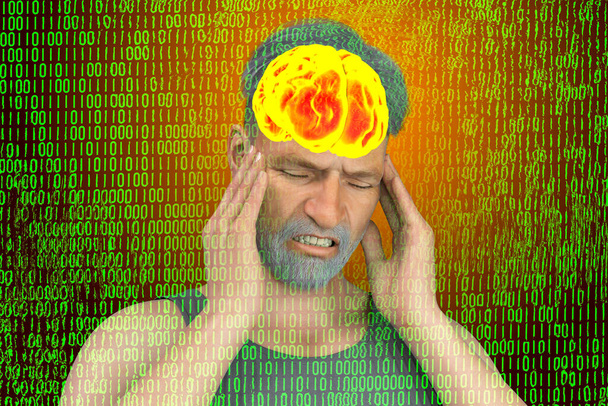 Aşırı beyin yüklemesi, zihinsel stres, kavramsal 3D illüstrasyon dijital bilgi yüklenmesinden dolayı başı ağrıyan bir adamı gösteriyor. - Fotoğraf, Görsel