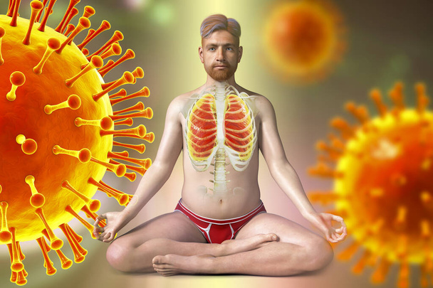Um homem em posição de ioga de lótus com pulmões destacados, cercado por vírus que não podem prejudicá-lo, ilustração 3D. Exercícios respiratórios e meditação para recuperação e prevenção de COVID-19 - Foto, Imagem