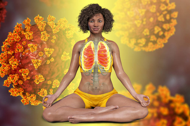 Eine Frau in Lotus-Yoga-Position mit hervorgehobener Lunge, umgeben von Viren, die ihr nichts anhaben können, 3D-Illustration. Atemübungen und Meditation zur Erholung und Prävention von COVID-19 - Foto, Bild