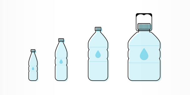 Botellas de plástico con icono de agua. Diferentes tamaños. Ilustración vectorial, diseño plano - Vector, Imagen