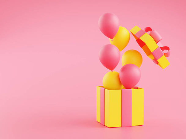 Caja de regalo abierta con globos voladores 3d ilustración. - Foto, imagen