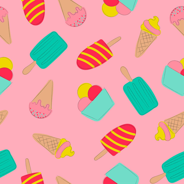 Colorful ice cream seamless pattern. Hand drawn contour illustration. - Vector, Image
