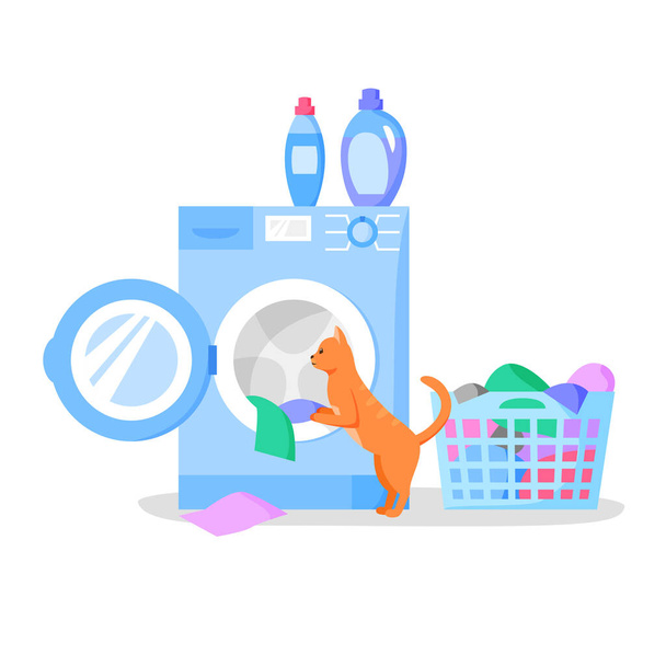 Cat looking in open washing machine, laundry basket with clothes, bottles with liquid detergents, vector flat illustration. - Wektor, obraz