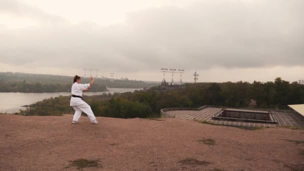 Kız karate yogası yapıyor. Doğa, şehir, nehir, kilise, orman, kayalar... - Video, Çekim