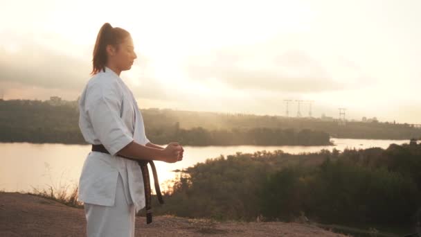 La chica se dedica al karate yoga, con los ojos cerrados al amanecer. Árboles, río, puente, ciudad en el fondo - Metraje, vídeo