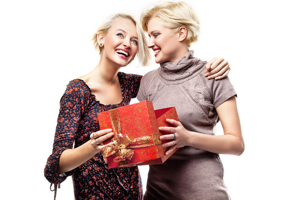 Two blond beauties holding a christmas present - Foto, afbeelding