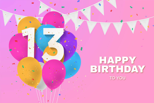 Щасливий 13-й день народження з повітряними кульками вітальна листівка фону. 13 років. 13-те святкування з конфетті. Ілюстрація запасів
 - Фото, зображення
