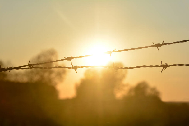 silueta borrosa de la cerca de alambre de púas al atardecer naranja, con el sol como fondo - Foto, Imagen
