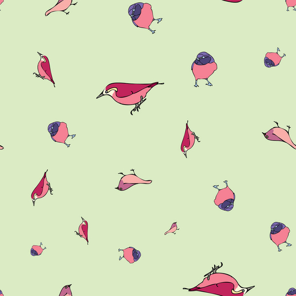 Vektor grünen Hintergrund verschiedene rote Vögel nahtlose Muster. Purple Finch, nahtloser Musterhintergrund - Vektor, Bild