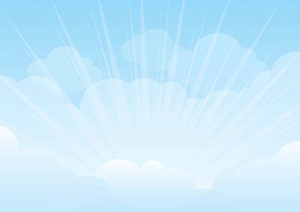 Blauwe zonnige lucht met wolken en zonnestralen vector. Mooie zonnige blauwe heldere lucht achtergrond vector. Zonnige heldere hemel vector illustratie - Vector, afbeelding