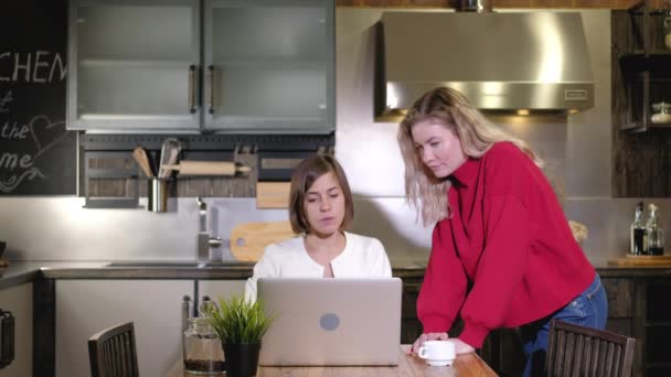 Dos chicas trabajan remotamente en casa. Las mujeres discuten un proyecto de trabajo en una computadora en la cocina de la casa. Intercambio de ideas y lluvia de ideas. - Metraje, vídeo