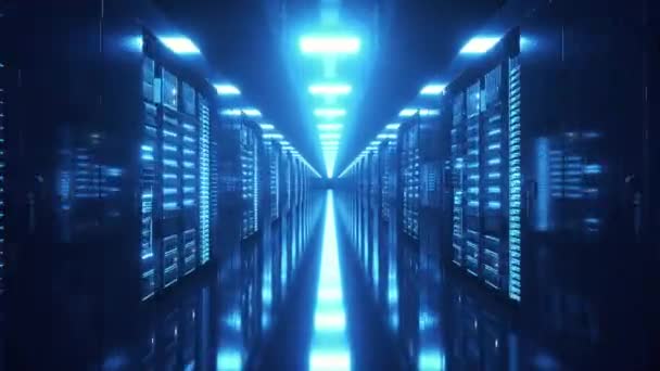Data center with endless servers. Network and information servers behind glass panels. Cloud computing data storage. 4K high quality loop animation - Footage, Video