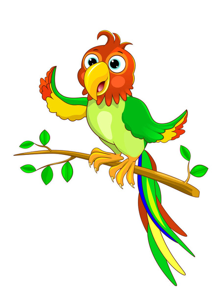 Papagaio de desenho animado verde senta-se em um galho de árvore. Caráter de papagaio. - Vetor, Imagem
