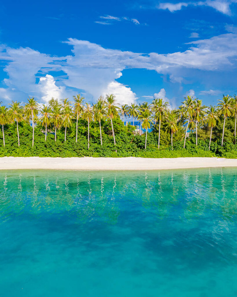 Wunderschöner Naturstrand mit Palmen. Sommerurlaub Reise Urlaub Hintergrundkonzept. Der paradiesische Strand der Malediven. Luxusreisen Sommerurlaub Hintergrundkonzept. - Foto, Bild