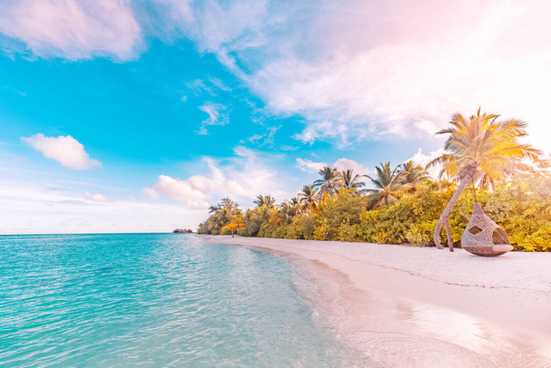Удивительный природный пляжный песок с пальмами и угрюмым небом. Спокойно провести летний отпуск в фоновом режиме. Островной курортный пляж Paradise. Баннер для летнего отдыха класса люкс - Фото, изображение