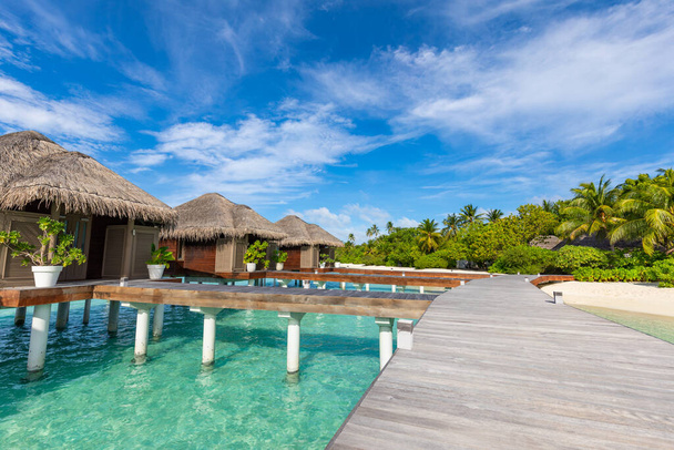 Πολυτελές ξενοδοχείο με βίλες νερού και φύλλα φοίνικα πάνω από λευκή άμμο, κοντά στο γαλάζιο της θάλασσας, θαλασσογραφία. Καλοκαιρινές διακοπές και διακοπές, παραθαλάσσιο θέρετρο στο τροπικό νησί - Φωτογραφία, εικόνα