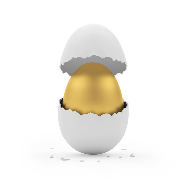 Розбита яєчна шкаралупа з золотом ціле яйце всередині. 3d ілюстрація
  - Фото, зображення