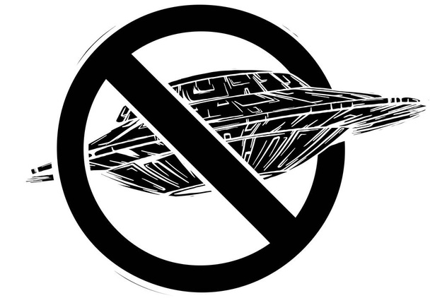 silueta negra de la nave espacial con símbolo de la ilustración vectorial prohibición - Vector, Imagen