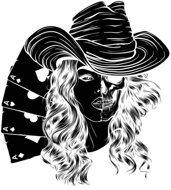 silueta negra de atractivo cráneo vaquera con con as de póquer - Vector, imagen