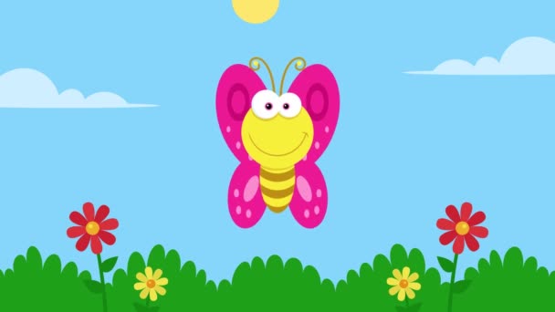 Mariposa amarilla personaje de dibujos animados Volando. Gráficos de movimiento de vídeo de animación 4K con fondo de paisaje  - Imágenes, Vídeo