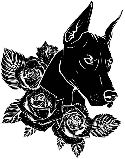black silhouette of vector Dobermann dog face with red roses - Vector, Image