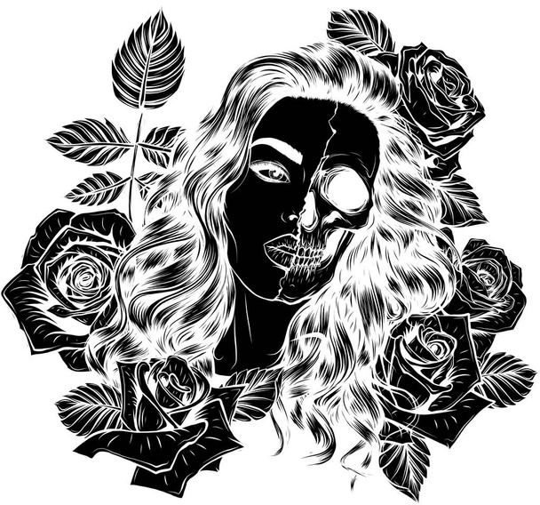 černá silueta ilustrace hlava lebka dívka s růžemi kolem - Vektor, obrázek
