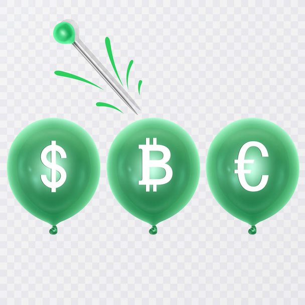 Un ballon gonflable avec un dollar, euro et Bitcoin symboles et une aiguille. Concept de problème économique ou crise financière et faillite, illustration du Vecteur EPS 10 - Vecteur, image
