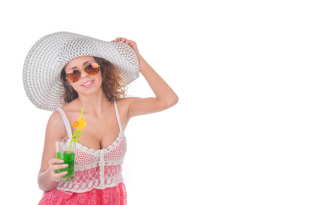 Summer girl portrait with cocktail on white background - Φωτογραφία, εικόνα