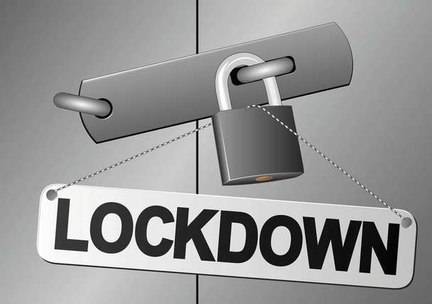 puerta con candado y placa con inscripción "lock down" - Vector, Imagen