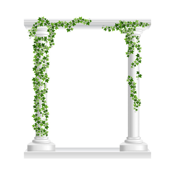 Мраморная римская арка с колоннами на зеленом ползучем плюща изолированы на белом фоне. Каркас храма с каменными колоннами в скалолазании. Реалистичная трехмерная векторная иллюстрация ползучих растений на архитектуре - Вектор,изображение