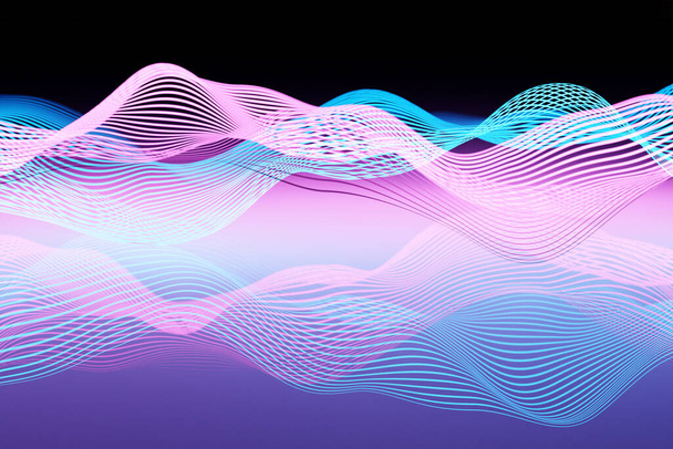 3D-Illustration von rosa und blau leuchtenden Farblinien. Musikalische Line Equalizer auf schwarzem, isoliertem Hintergrund - Foto, Bild