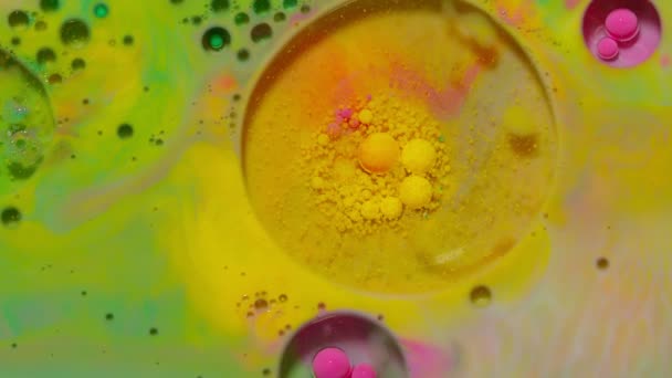 Bubliny plavou v tekuté barvě, míchání inkoustu, oleje a mléka, abstraktní vícebarevná hypnotická malba - Záběry, video