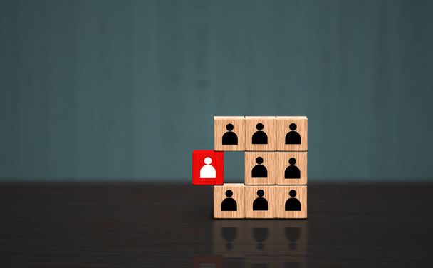 Special individual Figure Concept, Unique wood block differentiating from others. conceptual image of Characteristic Team member in Business. icon figures in wood cube. Wooden background, copy space - Photo, Image
