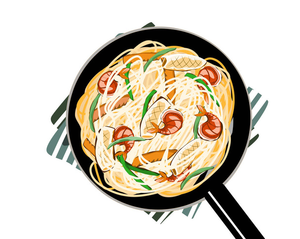 Sült tészta garnélával, tintahallal és zöldséggel egy serpenyőben. Elszigetelt étel fehér háttérrel. Közelkép felső nézet tenger gyümölcsei vektor illusztráció.   - Vektor, kép
