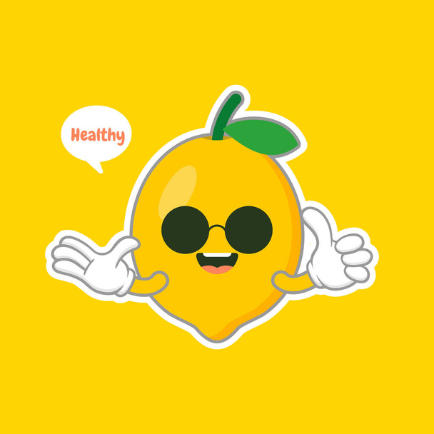 lindo y kawaii limón personaje de dibujos animados en estilo plano. frutas frescas de limón en temporada de verano. Divertido logo de carácter limón. se puede utilizar en el menú del restaurante, libros de cocina y etiqueta orgánica granja - Vector, imagen