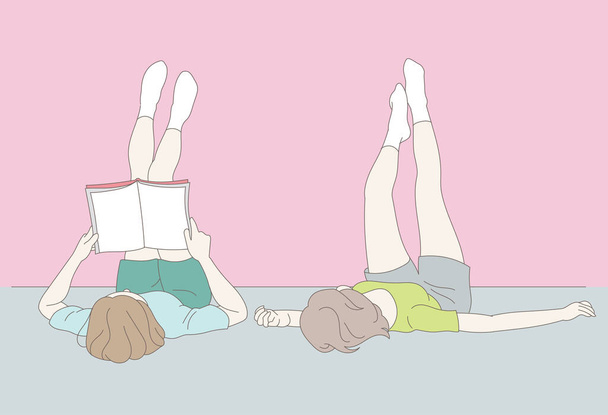 Двоє друзів лежать на стіні з ногами. рука намальована стиль Векторний дизайн ілюстрації
. - Вектор, зображення