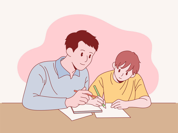 Ein Mann bringt einem Jungen das Lernen bei. handgezeichnete Stil Vektor Design Illustrationen. - Vektor, Bild