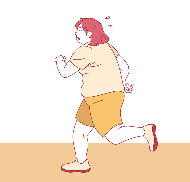 Fat woman running with trainer to lose weight. hand drawn style vector design illustrations. - Vector, Image